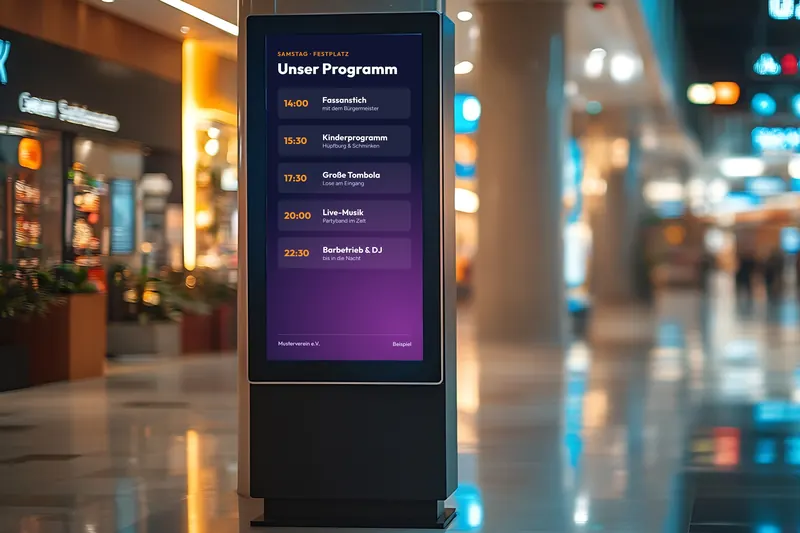 Digitale Werbestele im Hochformat mit Veranstaltungsprogramm in einer Halle
