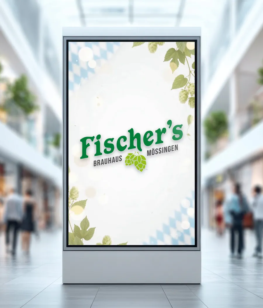 Digitaler Kundenstopper mit 65-Zoll-Bildschirm im Hochformat zeigt ein Sponsorenlogo