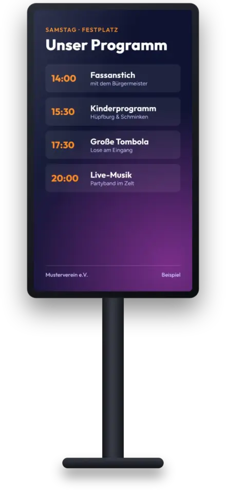 Digitaler Kundenstopper zeigt das Festprogramm mit Uhrzeiten