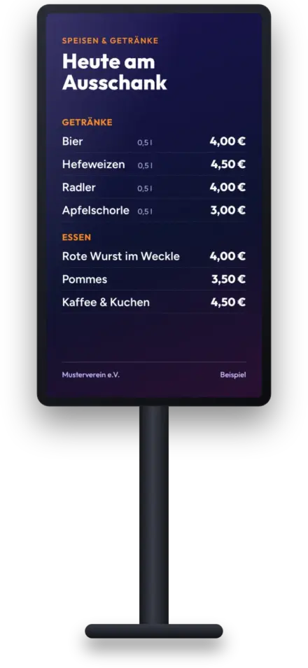 Digitale Werbetafel zeigt Getränke- und Speisekarte mit Preisen