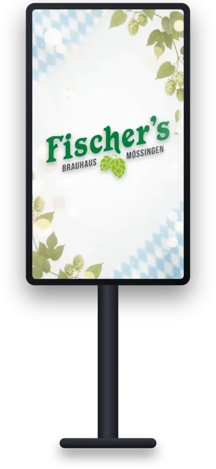 Digitaler Werbebildschirm zeigt Sponsorenlogo Fischer's Brauhaus im Oktoberfest-Design