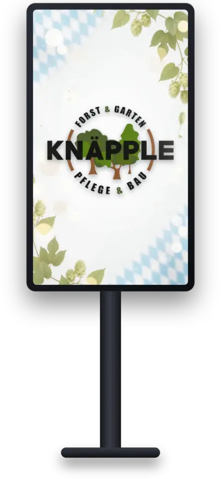 Digitaler Werbebildschirm zeigt Sponsorenlogo Knäpple Forst und Garten im Oktoberfest-Design